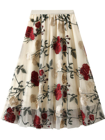 Woochic jupe longue tulle brodée fleurie femme élégant vintage Blanche ONE SIZE